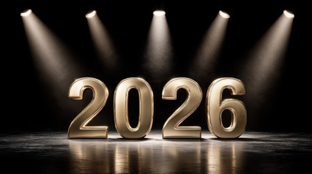 A striking representation of the year 2026 with golden numbers illuminated by spotlights against a dark backdrop, conveying themes of celebration, achievement, and optimism for the future.の素材