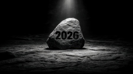 A striking black and white image of a rock featuring the year 2026, bathed in soft light within a dark cave, evoking themes of time, hope, and future possibilities.の素材