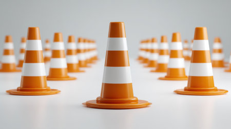 This image showcases a series of bright orange traffic cones with white stripes, arranged neatly on a clean surface, perfect for road safety and construction themes.の素材