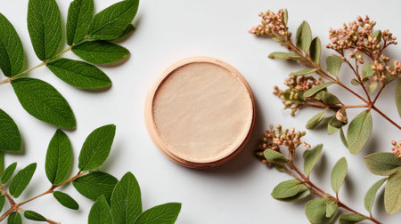 This image showcases a powder compact surrounded by green leaves and delicate blooms, highlighting the beauty of natural ingredients and promoting a simple skincare routine.の素材