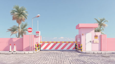 Colorful pink barrier gate in a tropical setting with palm trees against a bright sky creates a cheerful atmosphere perfect for summer-themed projects.の素材