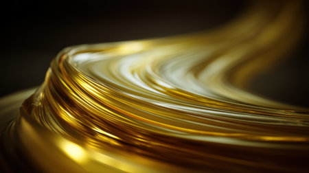 A stunning close-up of a flowing golden wave, showcasing smooth and shiny textures against a dark background, symbolizing luxury and artistic beauty in modern design.の素材