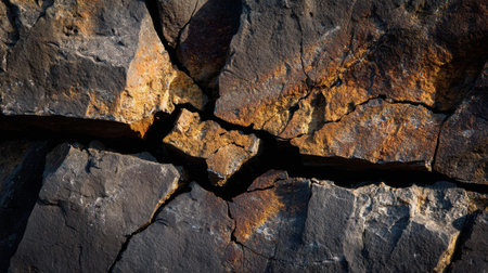 This image features a close-up view of a textured rock surface, highlighting cracks and color variations in earthy tones. The intricate geological patterns reveal nature's beauty.の素材