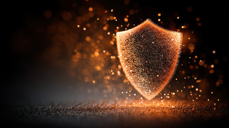 This abstract image features a glowing shield shape surrounded by shimmering particles, representing concepts of security, protection, and safety in a digital age.の素材