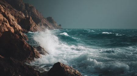 Majestic scene of ocean waves crashing against a rocky shoreline under a dramatic sky. Perfect for capturing the raw beauty and power of nature's elements.の素材
