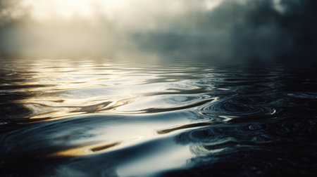 This image captures a serene water surface reflecting soft light, surrounded by mist, creating a peaceful and tranquil atmosphere perfect for relaxation or escape.の素材