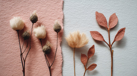 This stunning image features a beautiful arrangement of dried flowers and leaves on a textured paper background, perfect for design inspiration or decor ideas.の素材