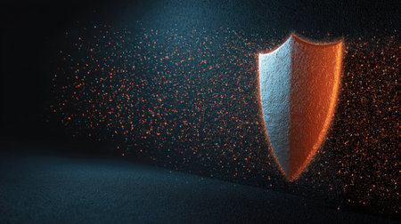 This image features an artistic representation of a shield created from vibrant particles, highlighting themes of protection and strength in a striking light and shadow contrast.の素材