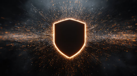 A captivating abstract shield design with glowing particles set against a dark background. This image represents the themes of protection and digital security, perfect for creative projects.の素材