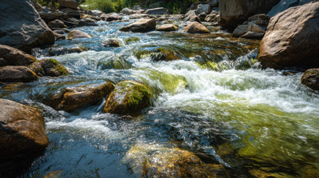 This stunning image captures a serene river flowing over smooth stones and rocks, framed by lush greenery and illuminated by sunlight, offering a peaceful escape into nature.の素材
