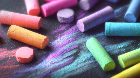 A collection of vibrant chalks in various colors spreads across a dark surface, highlighting artistic patterns and adding an inspiring touch to creative projects.の素材