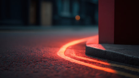 A mesmerizing urban scene featuring a glowing red light curving along wet pavement near a vividly illuminated wall, creating an enchanting and mysterious twilight atmosphere.の素材