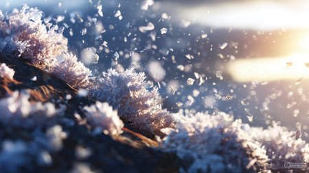 A serene winter landscape showcasing frost-covered terrain and delicate snowflakes dancing in the gentle morning light, celebrating the beauty of nature's tranquility.の素材