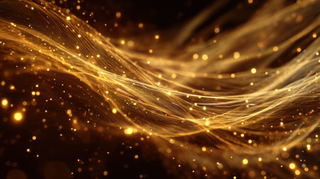 Discover an elegant abstract background featuring shimmering golden waves and glowing particles, perfect for enhancing your creative design projects and presentations.の素材