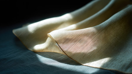 A soft golden fabric drapes gracefully on a textured surface, bathed in gentle light, creating a tranquil and artistic atmosphere perfect for photography.の素材