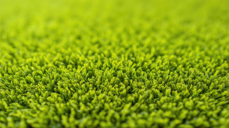 This image displays a close-up view of lush green artificial grass, showcasing its dense and vibrant fibers. Perfect for landscaping, sports, and decorative purposes.の素材