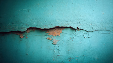 This image features a textured turquoise wall with peeling paint and visible cracks, capturing the essence of weathered beauty and rustic charm, perfect for background use.の素材