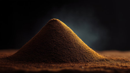 This image captures a pile of natural brown powder showcased against a dark background, enveloped in a subtle fog, offering artistic inspiration and a minimalistic aesthetic.の素材