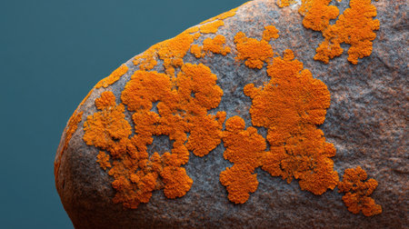 Close-up view of vibrant orange lichen thriving on a grey rock surface, showcasing intricate patterns and textures in this striking natural detail. Perfect for nature themes.の素材