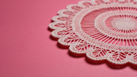 A beautifully crafted lace crochet doily rests on a soft pink background. This elegant piece showcases intricate patterns suitable for vintage decor and craft projects.の素材