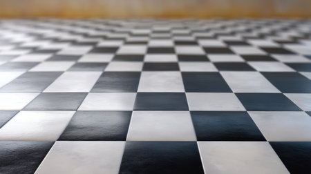 Captivating perspective view of a black and white checkerboard floor, showcasing the interplay of light and shadow in an empty room with a soft, faded background.の素材