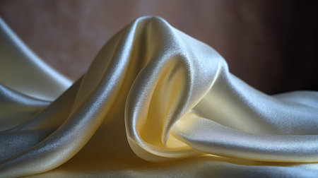 This image showcases a soft yellow silk fabric draped elegantly, highlighting its smooth texture and gentle folds. Perfect for background or textile projects.の素材