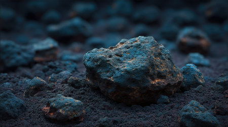 A captivating close-up of a rugged stone resting on a textured ground, illuminated by soft ambient light, highlighting the intricate details of nature's artistry.の素材