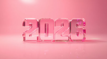Transparent number 2026 stands out against a soft pink background, radiating vibrant colors and shimmering light. A perfect visual for celebrations and future themes.の素材