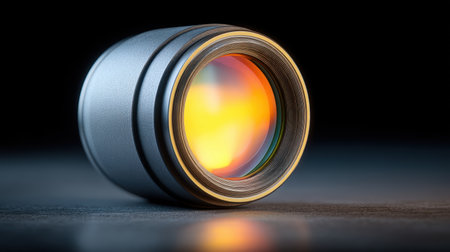 This image features a high-detail close-up of a camera lens showcasing vibrant colors and reflections. The soft focus against a dark background emphasizes the lens design.の素材