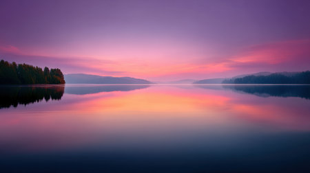 A breathtaking view of a tranquil lake at dusk, showcasing vibrant colors in the sky and a perfect reflection on the water, surrounded by gentle hills and trees.の素材