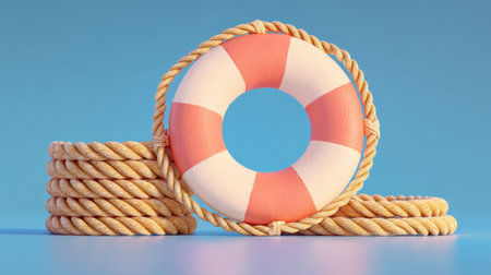 Bright and colorful lifebuoy with coiled ropes set against a vibrant blue backdrop, symbolizing water safety and summer leisure activities in outdoor settings.の素材