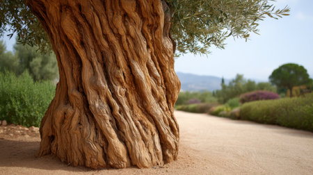 Captivating view of an ancient olive tree trunk highlighting its unique bark texture, set against a serene landscape, reflecting the beauty of nature's artistry and heritage.の素材
