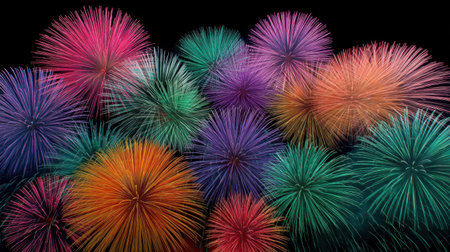 A vibrant and colorful display of fireworks against a black background, perfect for representing festive celebrations. Ideal for event inspiration and holiday joy.の素材