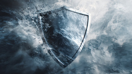 A captivating digital artwork featuring a metallic shield surrounded by dynamic waves and energy. This piece symbolizes strength and protection in a striking abstract design.の素材