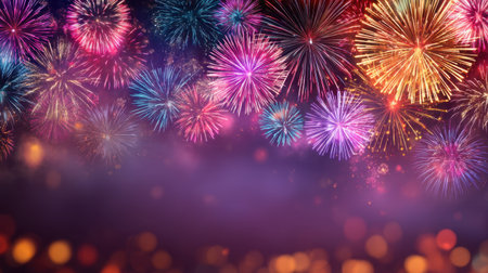A stunning fireworks display lights up the night sky with vibrant colors and bokeh effects. Perfect for celebrating events, holidays, or joyful moments in life.の素材