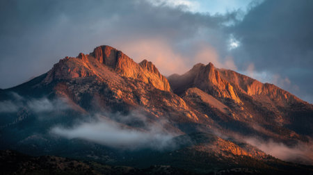 Breathtaking mountain peaks glow with golden light at sunset, framed by dramatic clouds and rolling fog, creating a captivating landscape perfect for nature enthusiasts.の素材