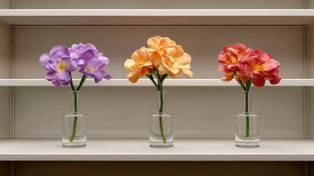 This image features three vibrant artificial flowers in clear glass vases on a modern shelf, enhancing the elegance of any interior space with color and charm.の素材