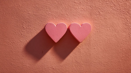 Two charming pink heart shapes rest against a textured coral wall, casting gentle shadows. This image captures the essence of love and affection, perfect for romantic themes.の素材