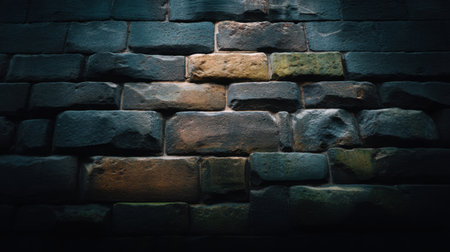 A captivating view of a dark, textured ancient brick wall displaying intricate patterns and soft light reflections, perfect for backgrounds or design projects.の素材