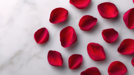 Beautiful red rose petals scattered gracefully on a smooth marble surface, creating a romantic and elegant atmosphere perfect for design and decoration projects.の素材