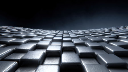 A stunning abstract arrangement of reflective silver blocks creates a wave-like landscape featuring dramatic lighting against a dark backdrop, ideal for modern projects.の素材