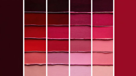 This image features a visually striking collection of lipstick swatches in various shades of red, pink, and plum, ideal for beauty enthusiasts and cosmetics professionals.の素材