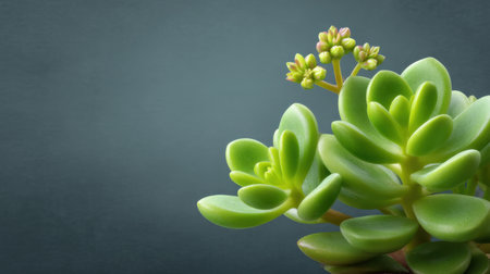 This captivating image features a vibrant green succulent plant with delicate flower buds, set against a dark backdrop, ideal for nature lovers and home decor styling.の素材