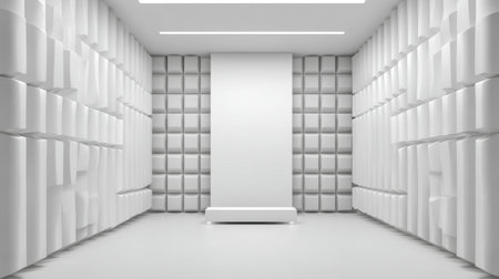 A minimalist interior with textured white walls and a central podium, perfect for presentations or art displays in a clean, modern setting. Ideal for professional use.の素材
