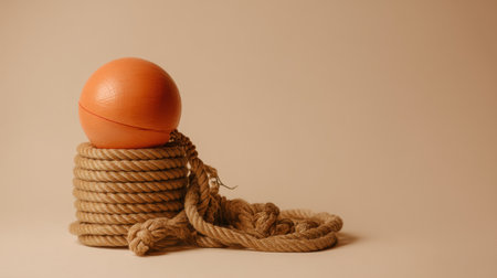 A minimalist composition featuring a round orange ball resting atop a coiled rope with loose ends on a soft light background. Ideal for artistic projects.の素材