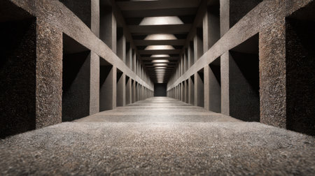 This image features a vast underground corridor characterized by textured walls and dynamic lighting, creating a unique atmosphere of mystery and tranquility.の素材