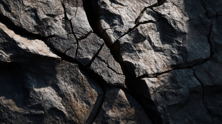 Close-up view of a cracked rock surface, revealing intricate textures and patterns. The play of light and shadow enhances the geological features and rugged beauty.の素材