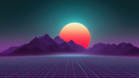This stunning digital artwork showcases a serene sunset over majestic mountains, complemented by a grid pattern. It embodies a retro aesthetic, ideal for contemporary designs.の素材