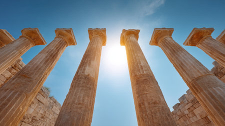 Stunning view of ancient columns against a blue sky, capturing sunlight and showcasing the elegance of classical architecture at a historical site, perfect for travel enthusiasts.の素材