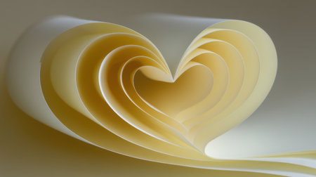 An artistic arrangement of curled yellow paper forming a heart shape, ideal for concepts related to love, creativity, and emotional expression in design projects.の素材